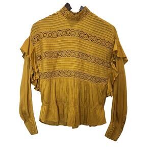 Free People Mustard Yellow High Neck Long Sleeve Eyelet Smocked Ruffle Top Sz XS
